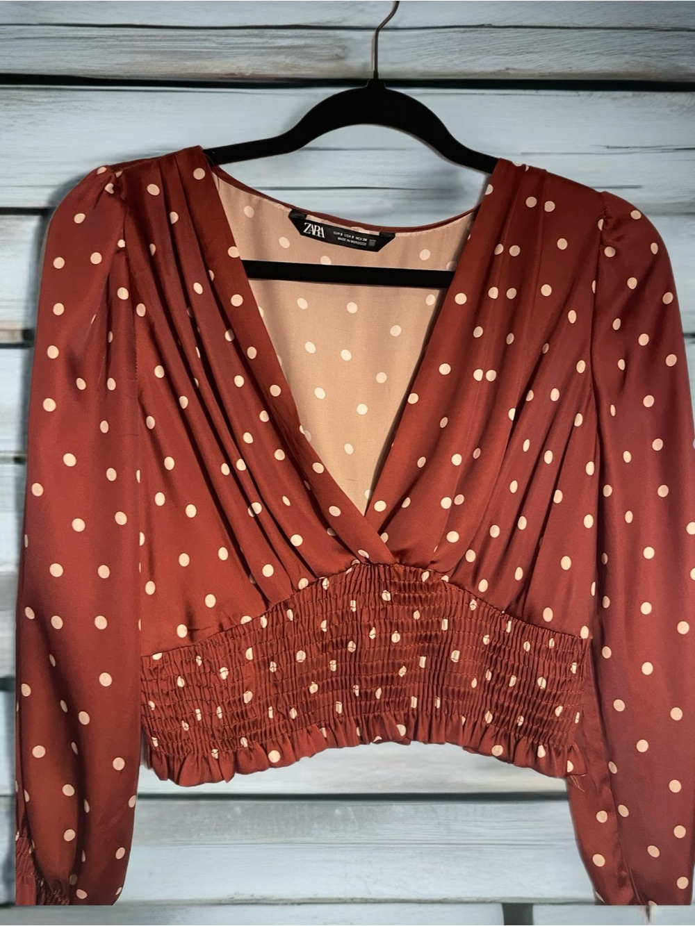 Zara Rust with Cream Polka Dot Smocked V-Neck Crop Top